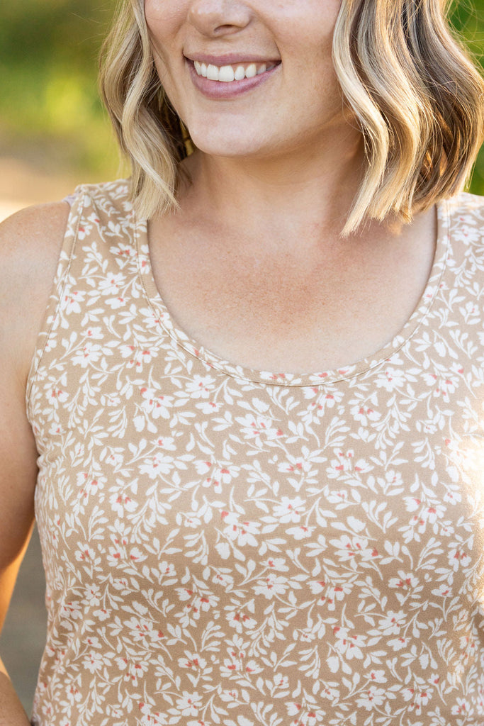 luxe crew tank tan floral womens tank top